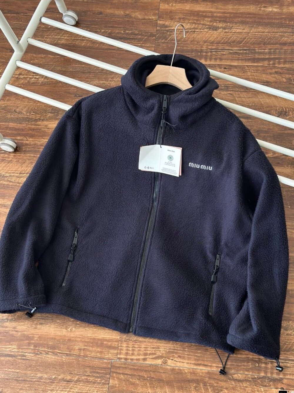 MIUMIU Solid Color Fleece Hooded Zip-Up Sweatshirt, Elastic Hem, Unisex, Navy Bl